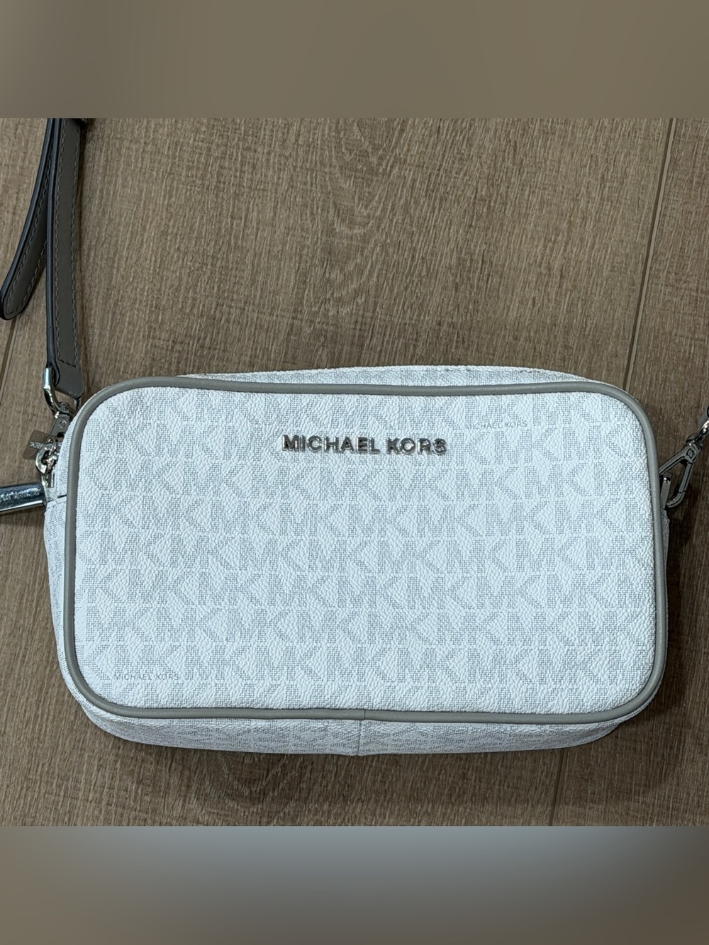 Michael Kors Small Connie Bright White Gray Camera Signature‎ Logo Crossbody Bag